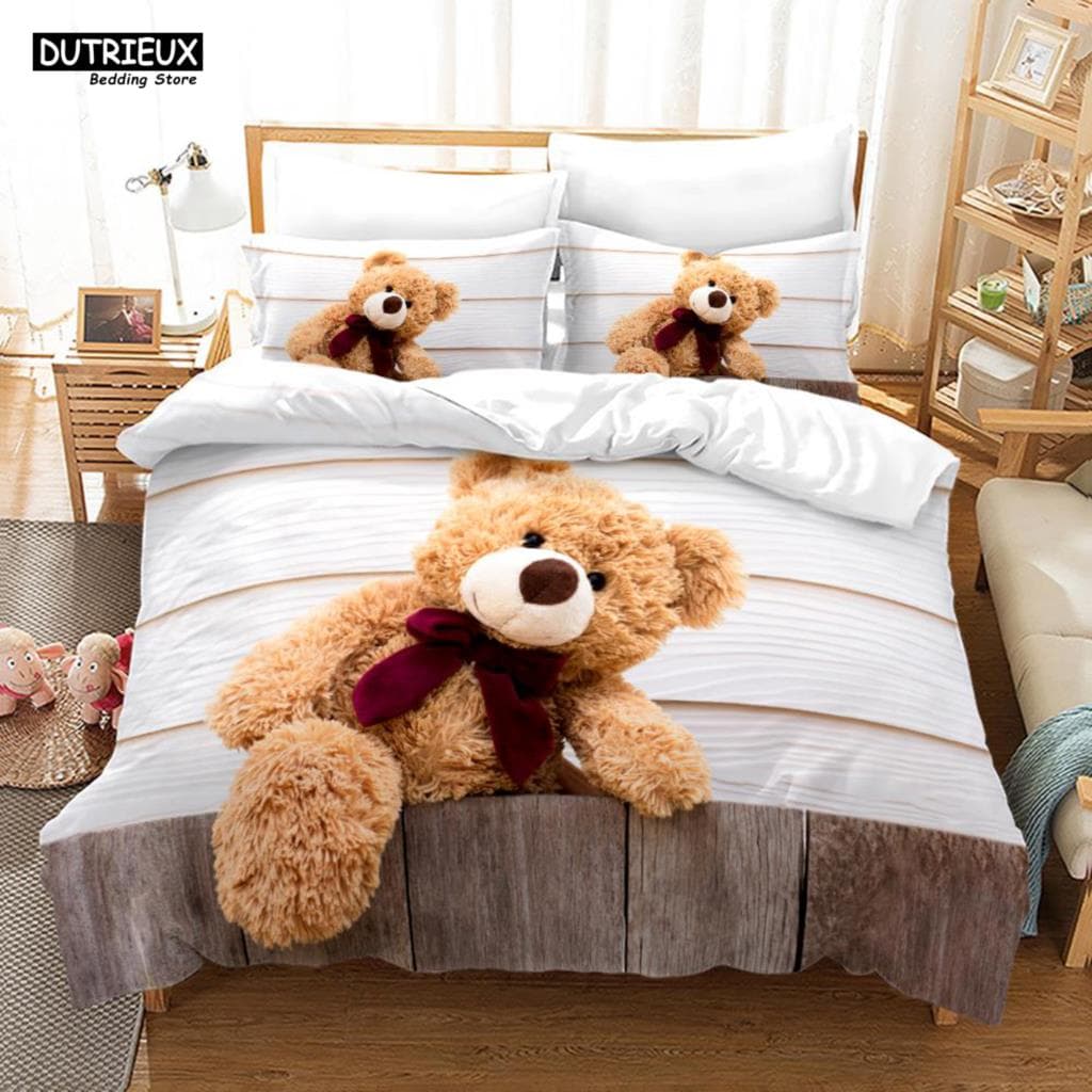 3D Teddy Bear Bedding Set White Polar Bear Bed Linen Teens Women Single Twin Queen King Full Size Duvet Cover 2/3pcs Bedclothes 155x215cm 3pcs