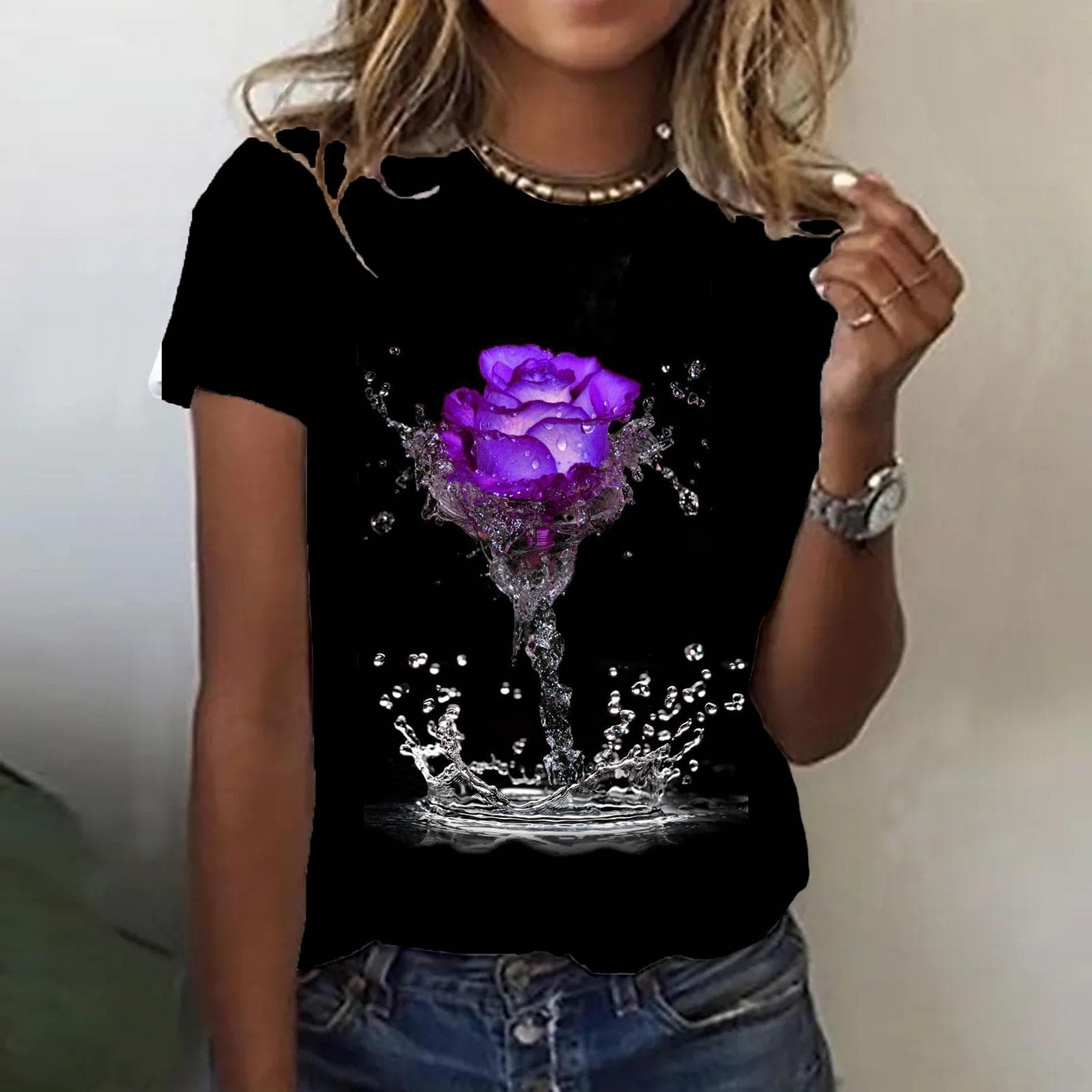 Fashion Women Rose T Shirt Funny Casual O-neck Short Sleeves T-shirt Summer Female Tee Shirt L purple