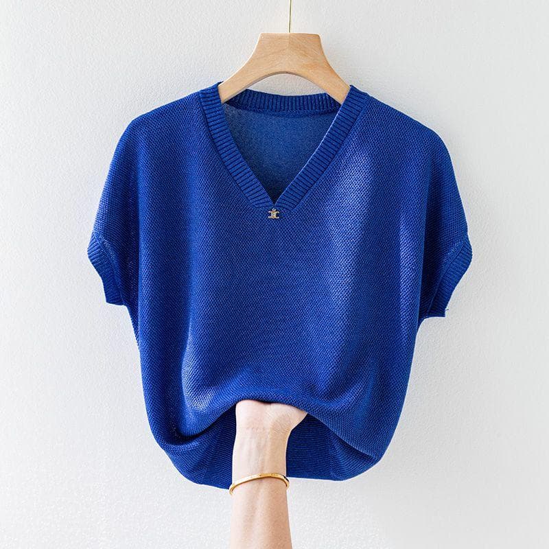 Increase Summer Short Sleeved T-shirt for Women, Loose Fit, Oversized, Thin Top, Base Knit Sweater 5XL blue