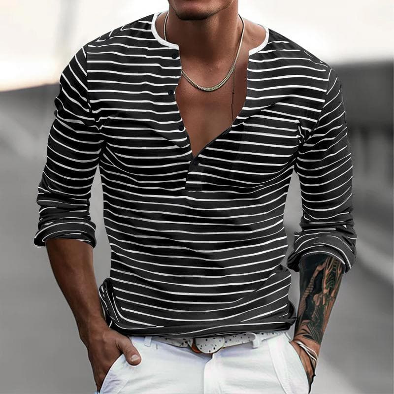 Spring Autumn Fashion Long Sleeve Men's T-shirts Button Henry Collar T Shirt For Men Vintage Striped Tees Tops M black