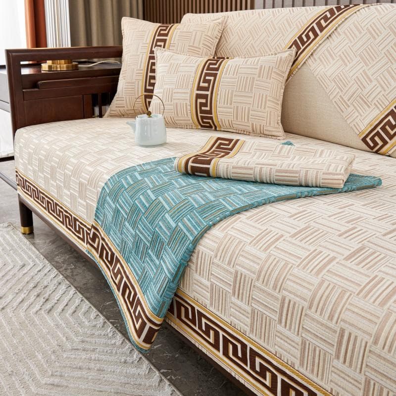 Chinese Style 1/2/3/4 Seater Sofa Towel Grid Sofa Covers for Living Room Non-slip Corner Sofa Cover Universal Sofa Couch Towels 70x70cm 1pcs