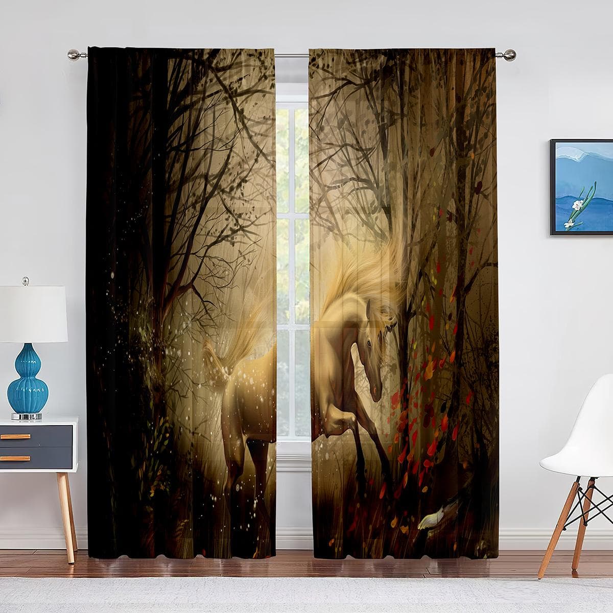 White Unicorn Sheer Voile Curtain Animal Colorful Rainbow Window Tulle Curtains for Living Room Bedroom Kitchen Decor Drapes 1 PCS W100XH250cm&Grommet Top