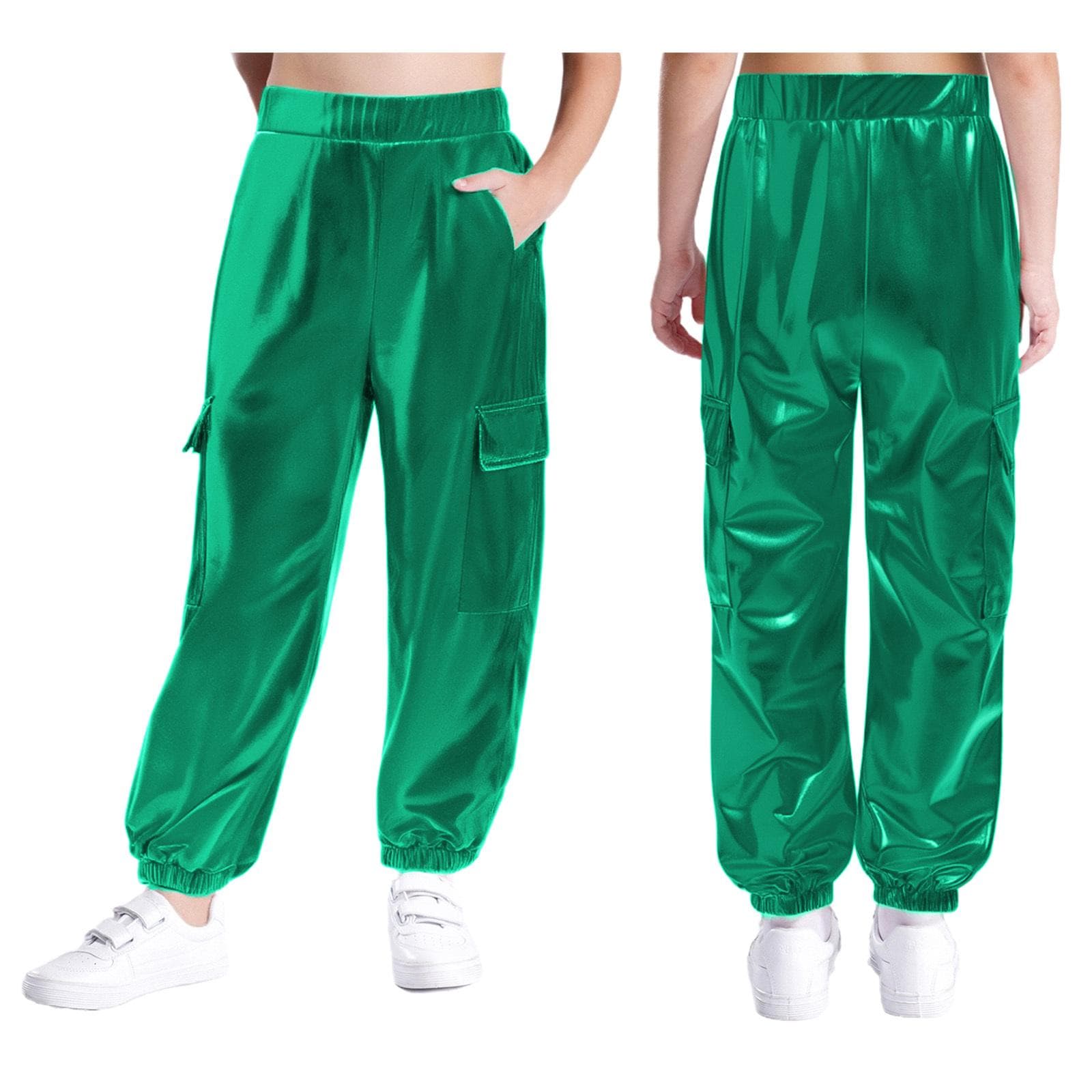 Kids Unisex Sparkly Dance Trousers Metallic Shiny Elastic Waist with Functional Pockets Stage Outfit 11-12 Years green