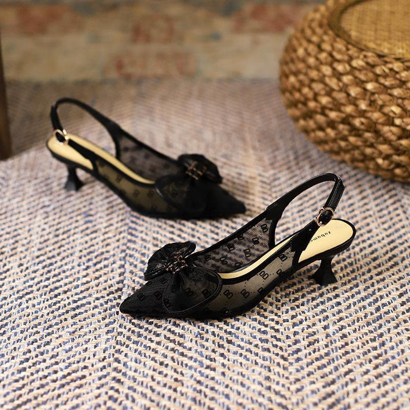 Sexy Mesh Sandals Female Summer Pointed Back Empty Sandals Bow Tie Thin Heel Shoes Female 39