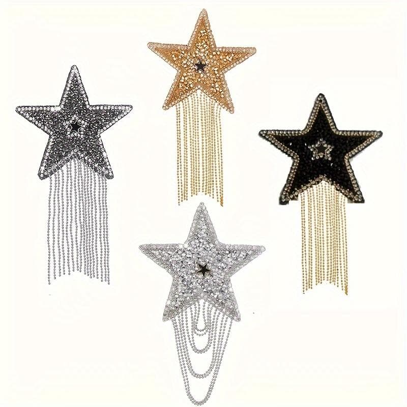 4pcs Sparkly Star Rhinestone & Chain Tassel Iron-On Patches - DIY Fashion Decor for Feminine Apparel & Accents 4pcs