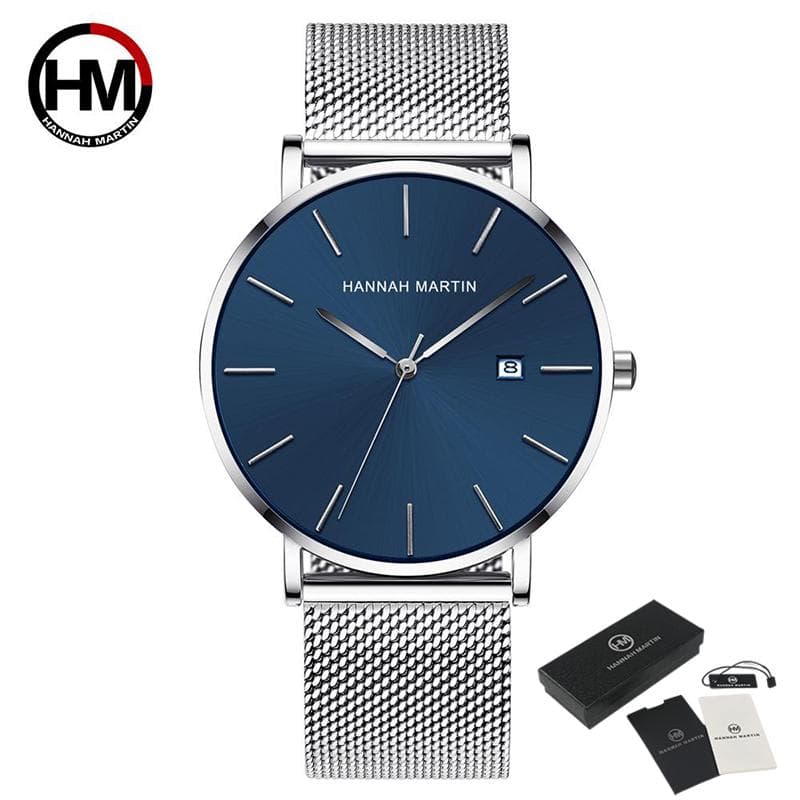 Hannah Martin Classic Bauhaus Design Men Watch Dark Blue Japan Quartz Waterproof Fashion Business Calendar Ultra Thin Watches silver