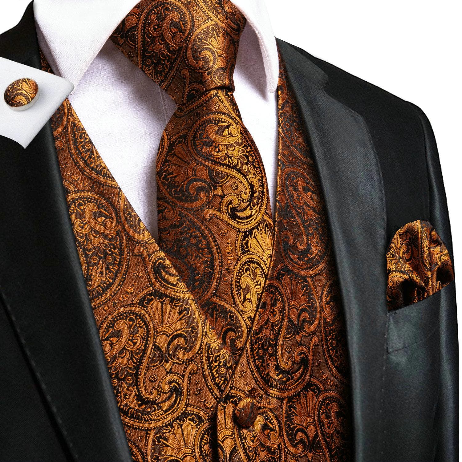 Hi-Tie Mens Waistcoat Silk Paisley Floral Tie Handkerchief Cufflinks SET Formal S