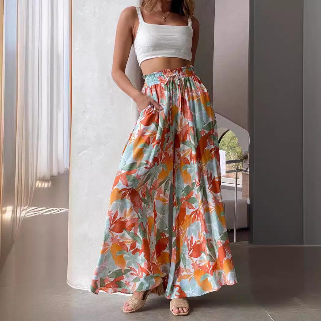 Women’s Casual Pants Loose Wide Leg Pants Soft Elastic Waist Print High Waist Trousers Pleated Holiday Beach Trousers S multicolour
