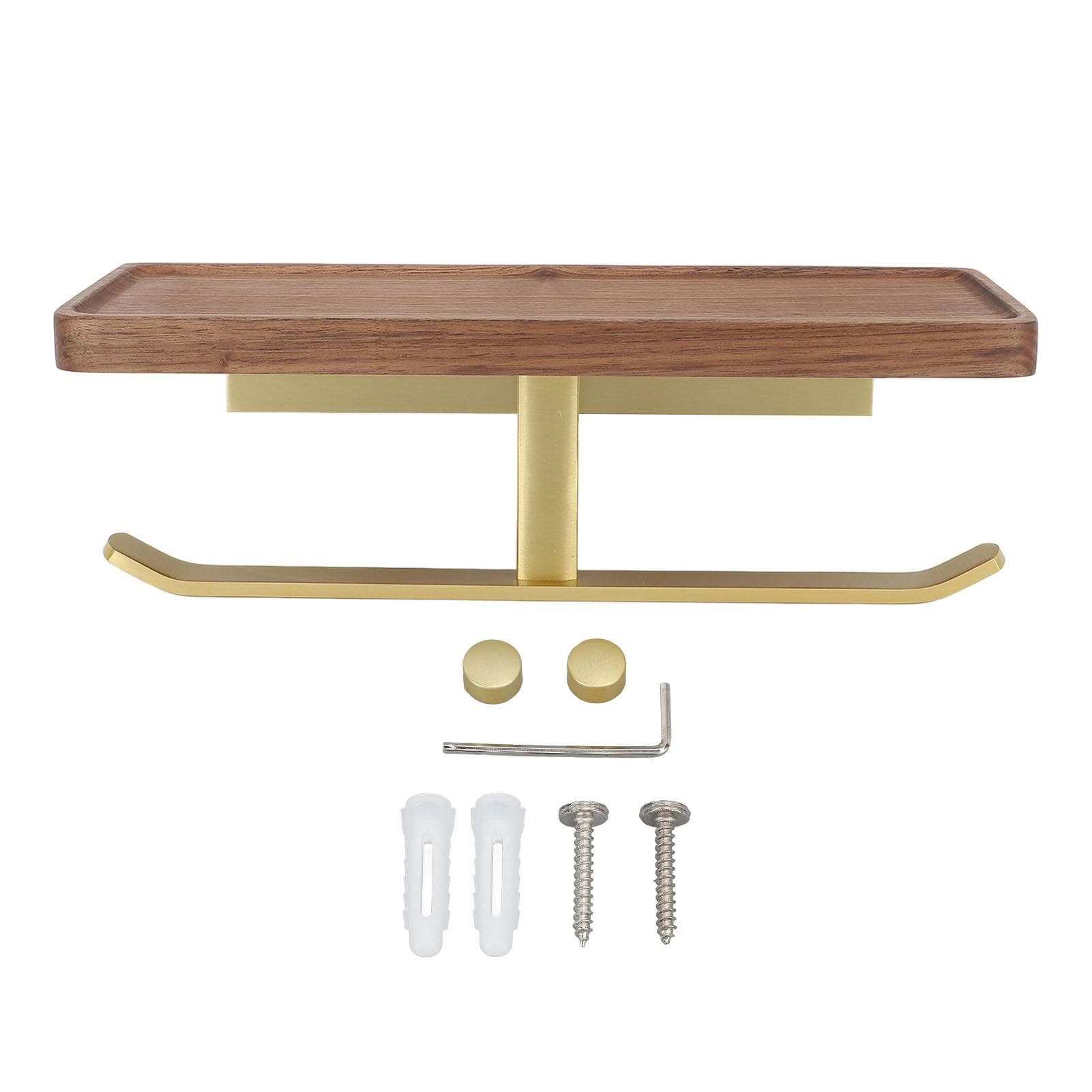 Toilet Paper Holder with Shelf Aluminum Alloy Walnut Paper Holder Easy Installation Space Saving