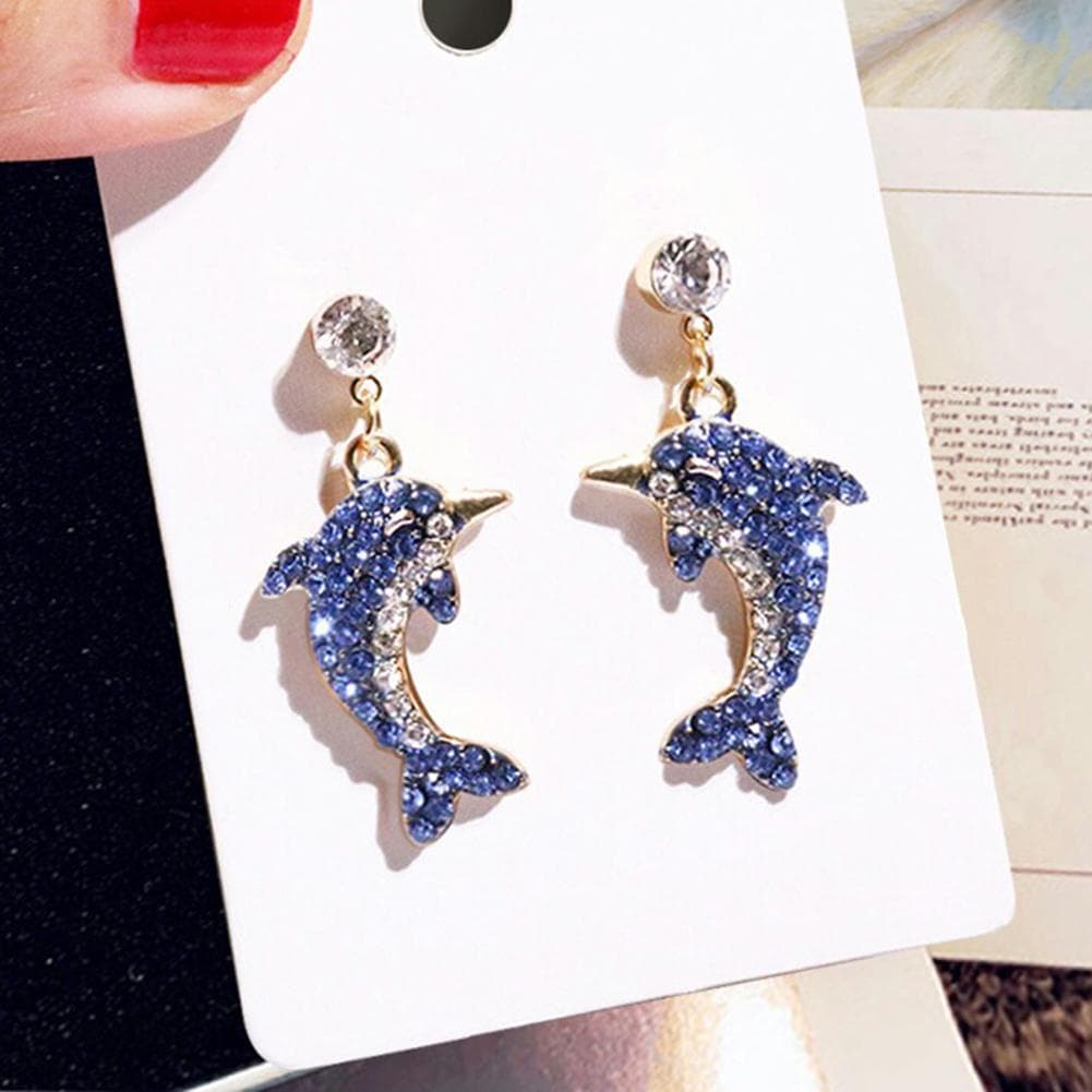 Stylish Cute Dolphin Shape Shiny Full Rhinestone Inlaid Women Stud Earrings Jewelry Gift blue