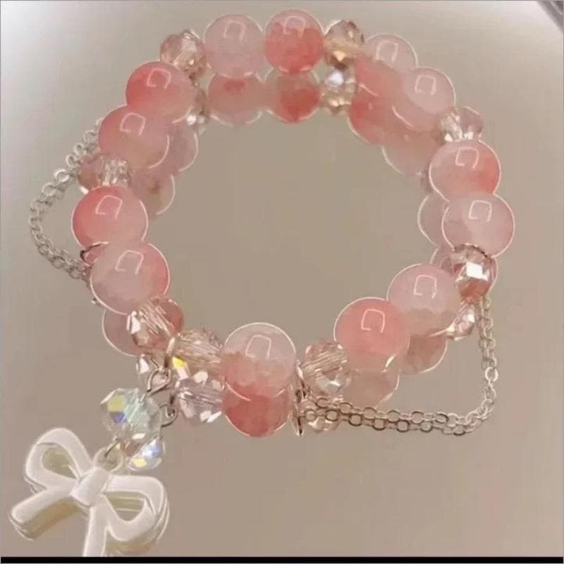 Korean Pink Crystal Flowers Butterfly Pendant Beaded Bracelet For Women Sweet Beads Chain Bracelets Girlfriend Jewelry Gifts