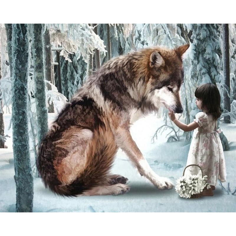 Girl and Wolf Diamond Painting Cross Stitch Kit Printed Needlework Patterns Diamond Embroidery 20X30CM