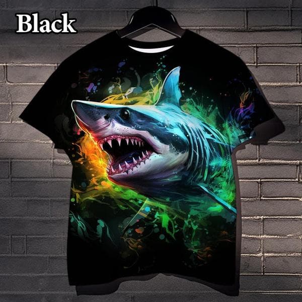 Summer Round Neck 3D Shark Printed Top Fashionable Casual Short Sleeved Men's T-shirts L