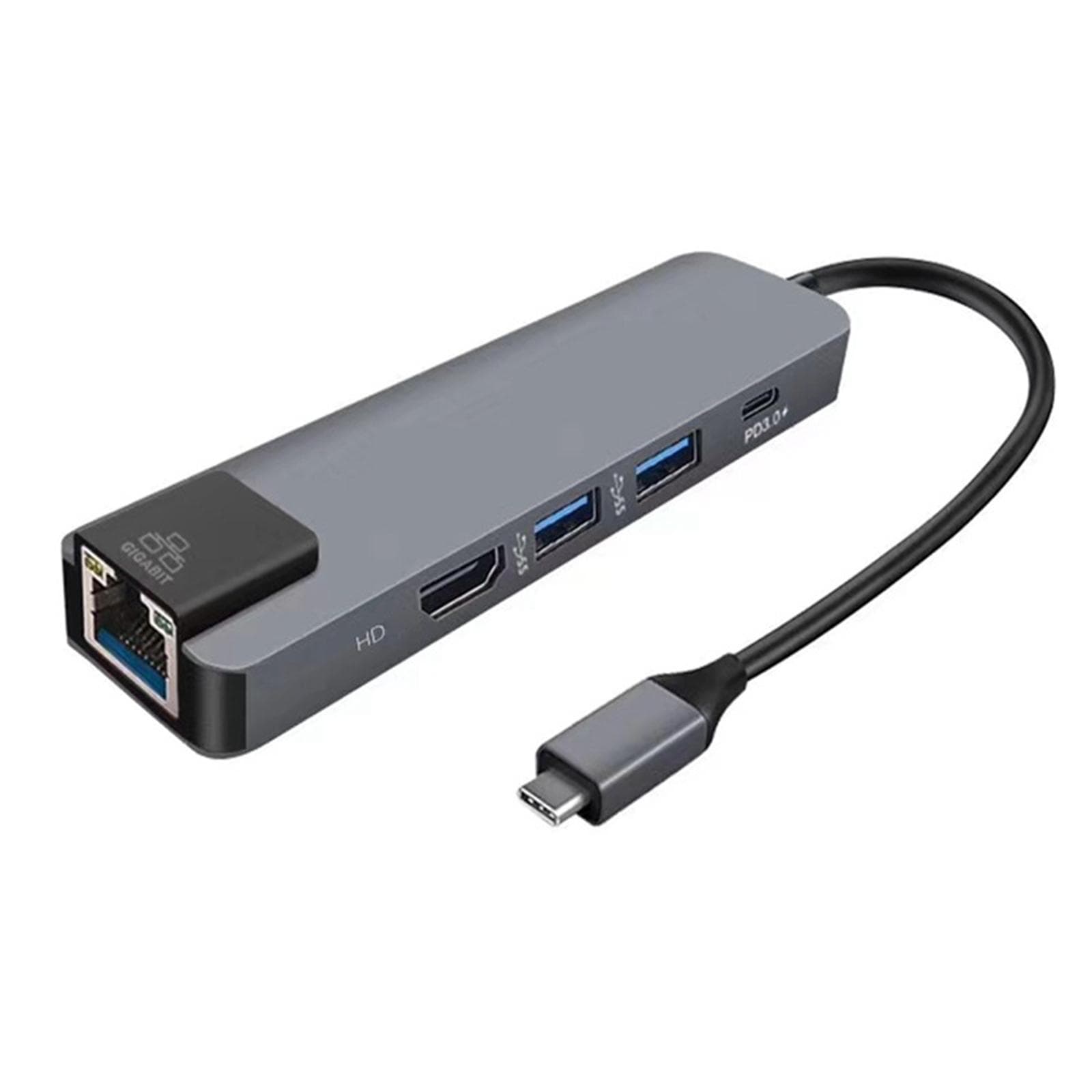 5IN1 USB C Hub TypeC Docking Station Multiport Adapter with 4K HD RJ45 Ethernet USB 3.0 PD grey