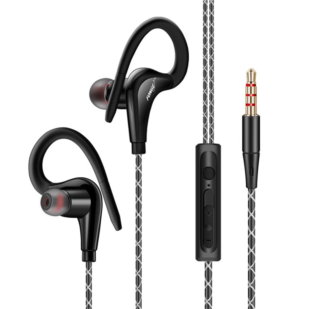 FONGE Wired Waterproof Earphones Ear Hook Earbuds Stereo Headphones Sport Headset with Mic black