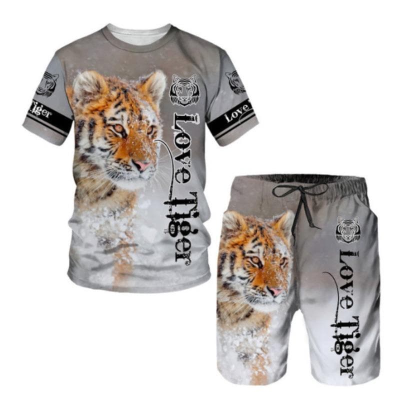 Summer Men's Sets Shorts Outfits 3D Tiger Printed Short Sleeve T-shirt Two Pieces Casual Tracksuit Oversized Beach Sportwear L