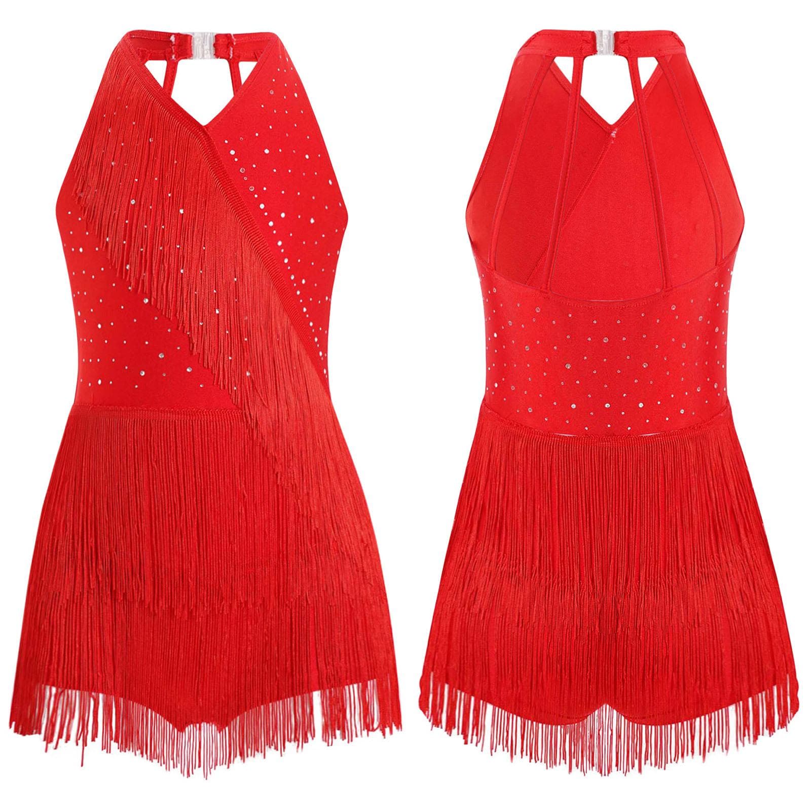 Kids Girls Latin Leotard Dress Dance Costume Rhinestones Fringe Bodysuit Skirted Dress Halter V-neck Sleeveless Tassel Jumpsuit 5-6 Years red