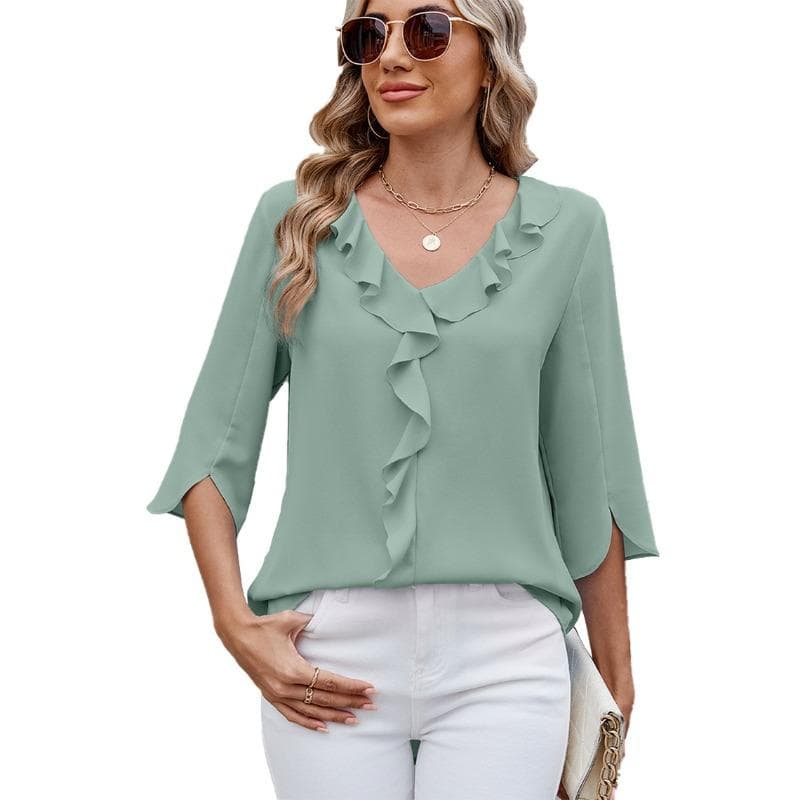 Chiffon Mid Sleeve Blouses V-neck Pleated Ruffled Loose Fitting Women's Top L