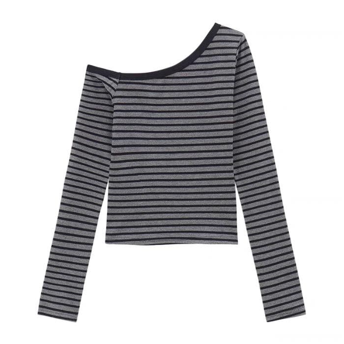Slanted Neck, Off-shoulder Striped Long-sleeved T-shirt for Women In Early Autumn, New Slim and Short Top XL