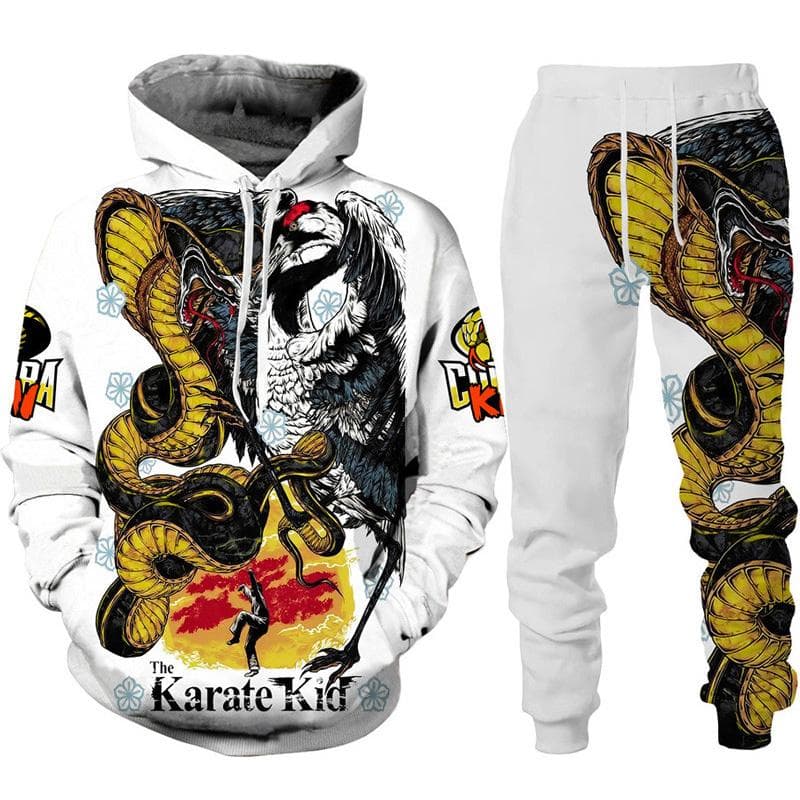 Funny Cobra Kai 3D Print Tracksuit Men's Cool Hoodie/Pants/Suit Hip Hop 2022 Fashion Long Sleeve Jogging Sportswear Athletic Set 2XL white