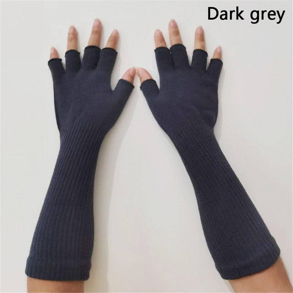 1 Pair Long Knitted Unisex Half Finger Gloves Women Girls Autumn Winter Arm Warmer Elbow Long Warm Work Gloves dark grey