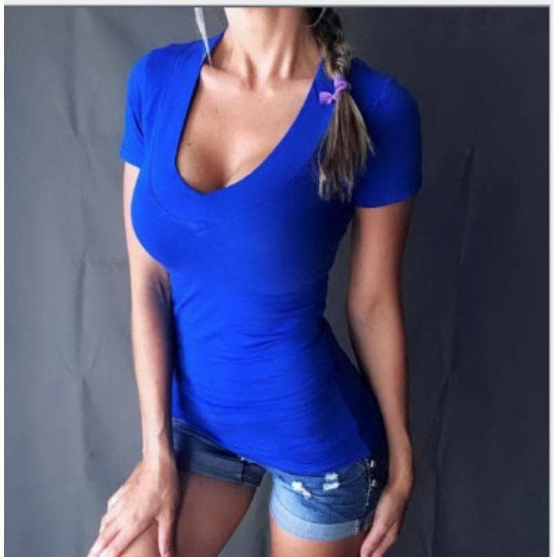Women's Fitted Deep V Sexy and Simple T-shirt XXXL sapphire