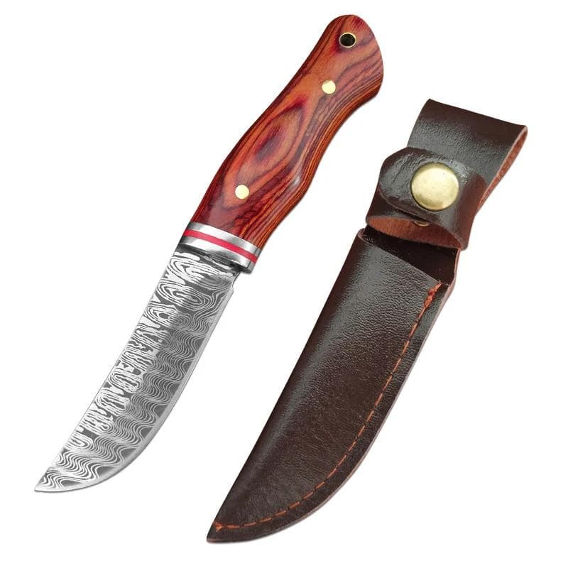 Kitchen Boning Knife Damascus Pattern Utility Knife Stainless Steel Barbecue Fishing Meat Cutting Tools with Sheath red