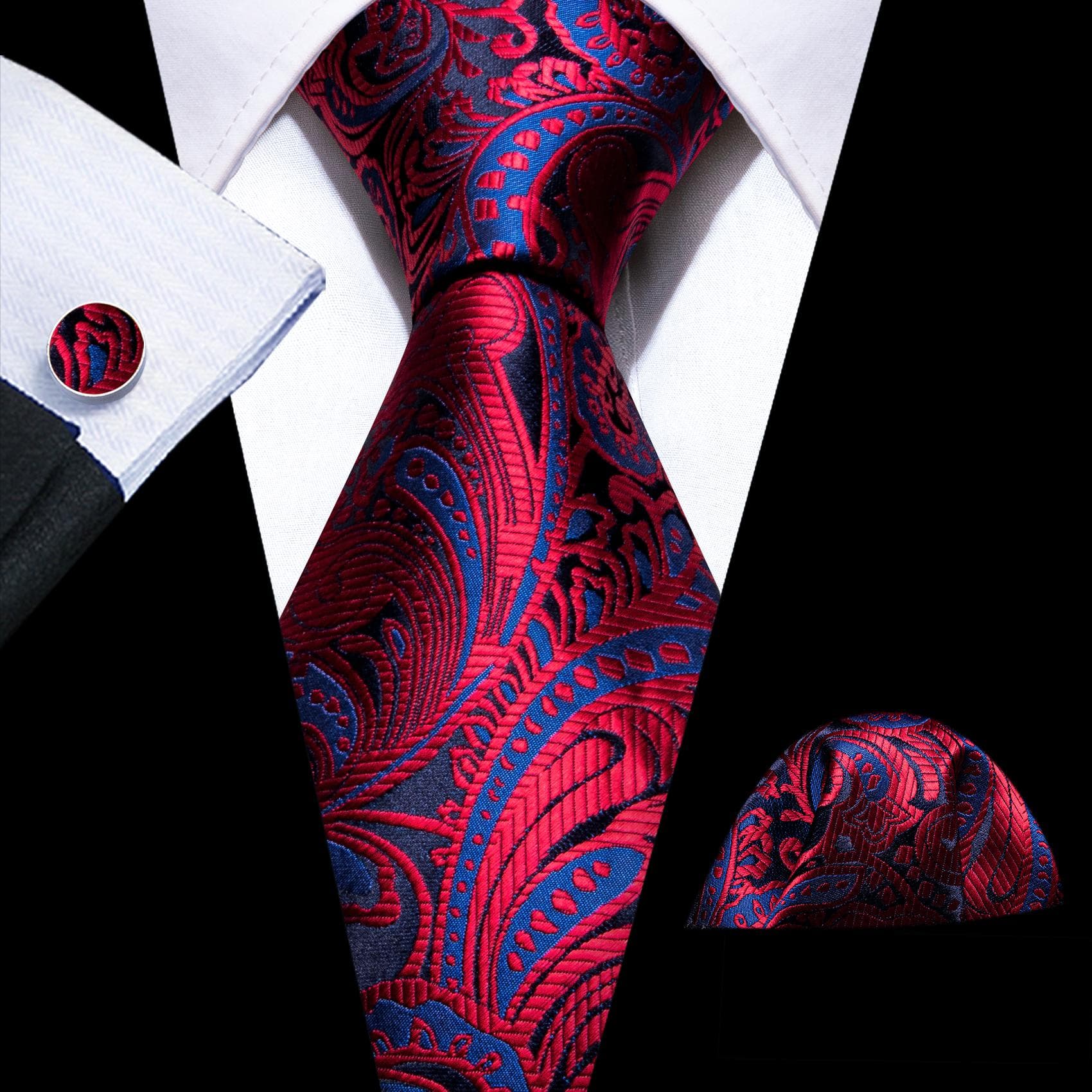 Barry.Wang Mens Tie Set Jacquard Striped Silk Necktie Pocket Square Cufflinks Set N-6287