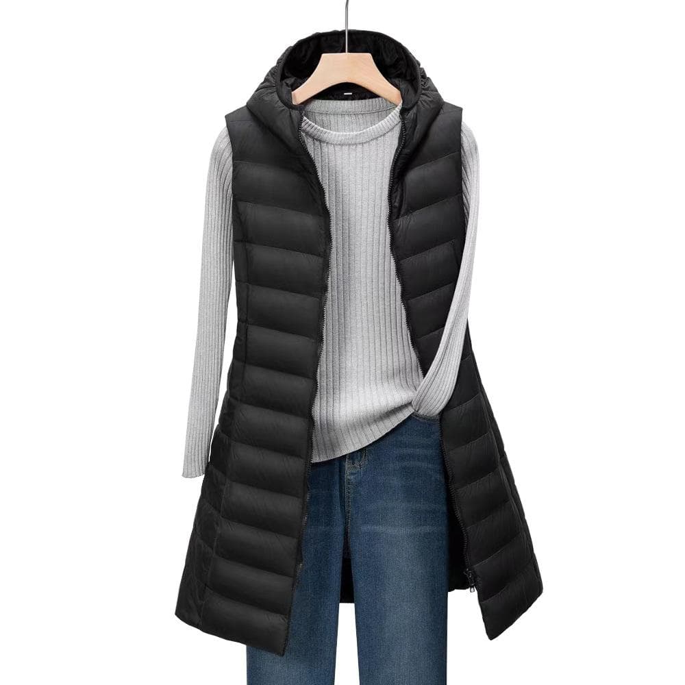 Autumn and Winter Women's Mid-length Hooded Lightweight Down Jacket Vest and Cotton Vest XL black