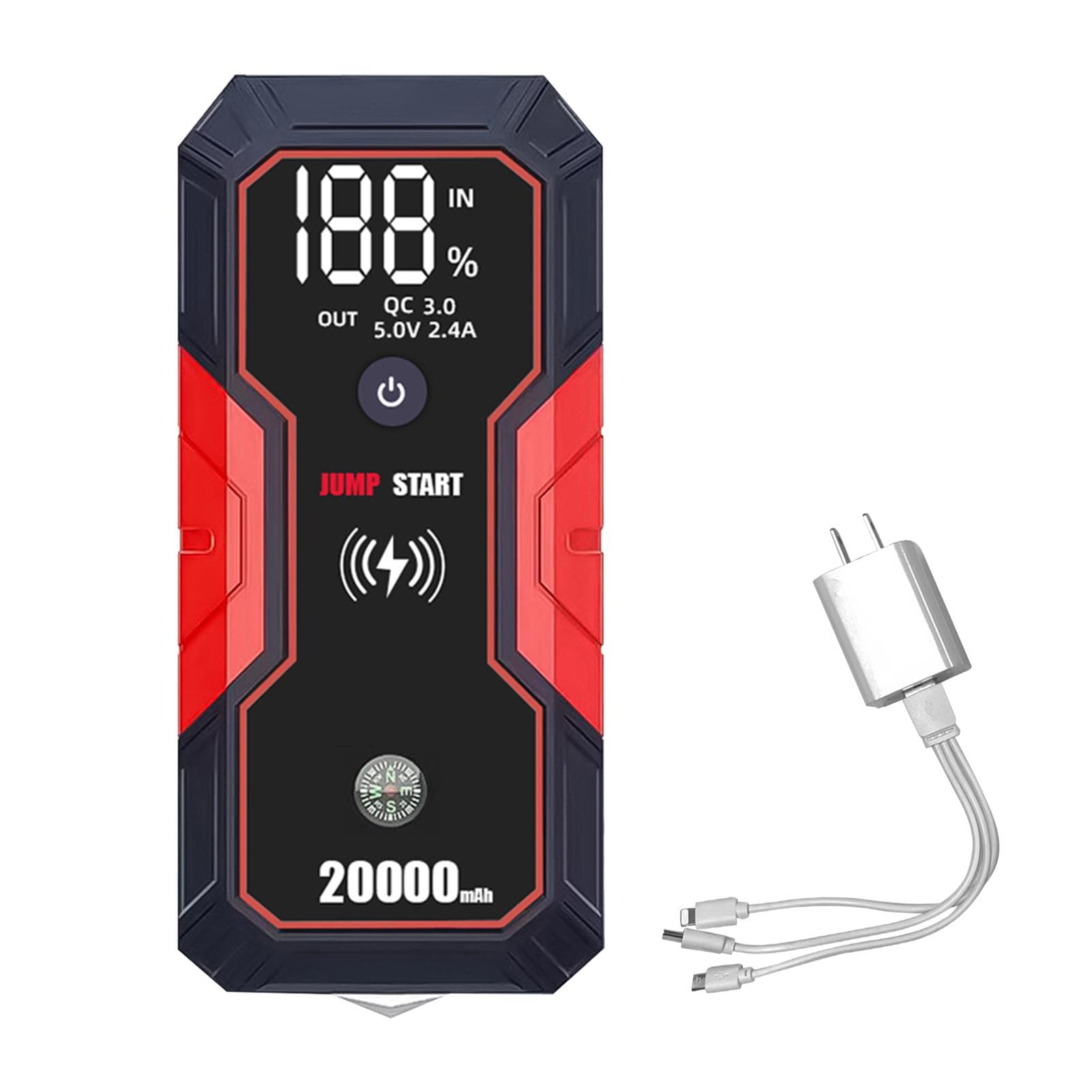 Portable Car Jump Starter 20000mAh 12V Car Battery Starter(up to 5.0L Gas, 3.5L Diesel Engines),USB AU WIRELESS red black