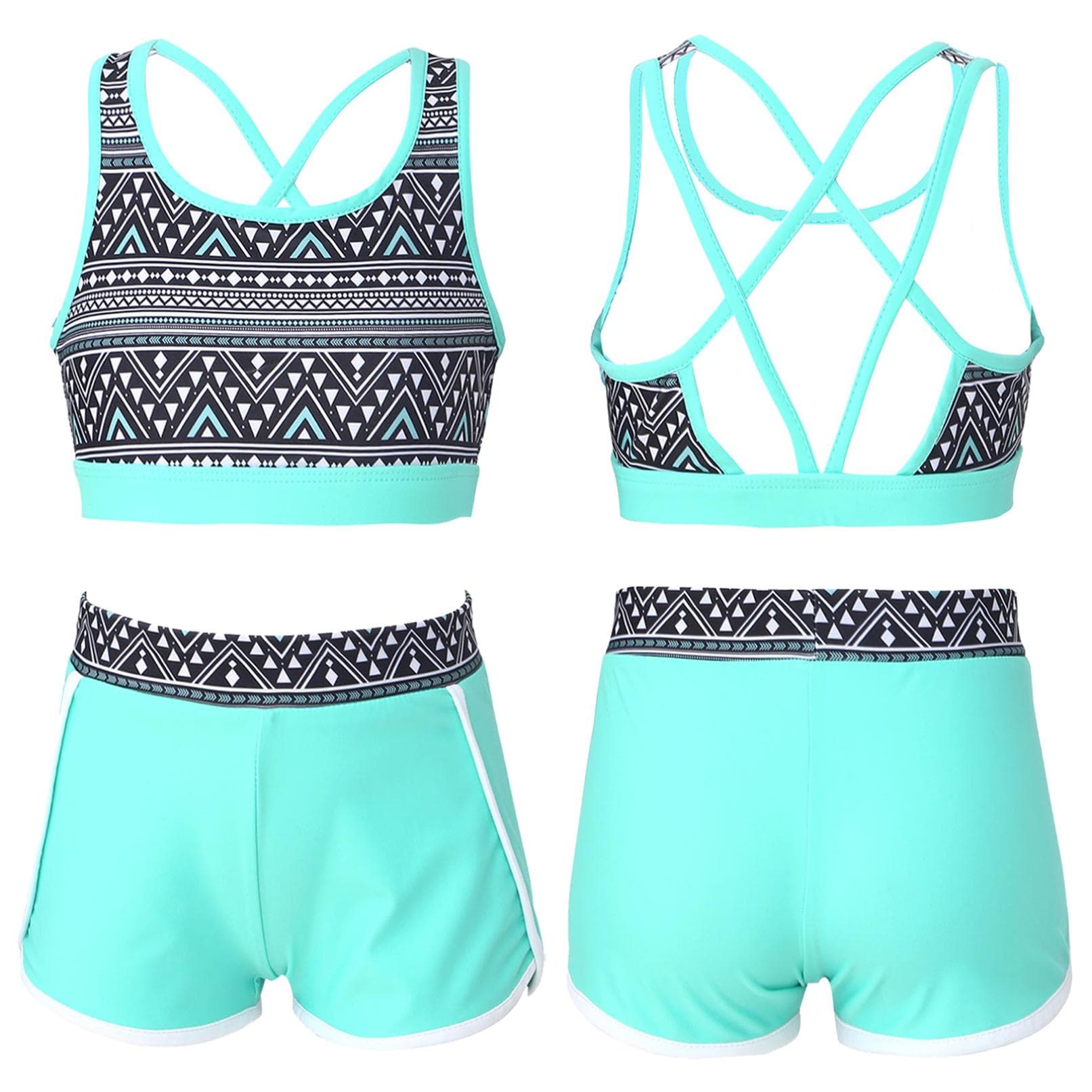 Kids Girls 2pcs Tankini Set Criss Cross Tank Top with Boyshorts Summer Beachwear Swimsuit 9-10 Years mint green