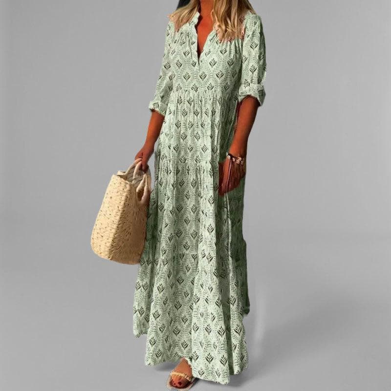 Spring New Women's Clothing Retro V-neck Temperament Elegant Loose Dress Long 3XL green