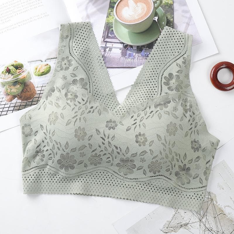Seamless Breathable Lace Push Up Bras For Women Sexy Wire Free Lingerie V-neck Bralette Underwear XL green