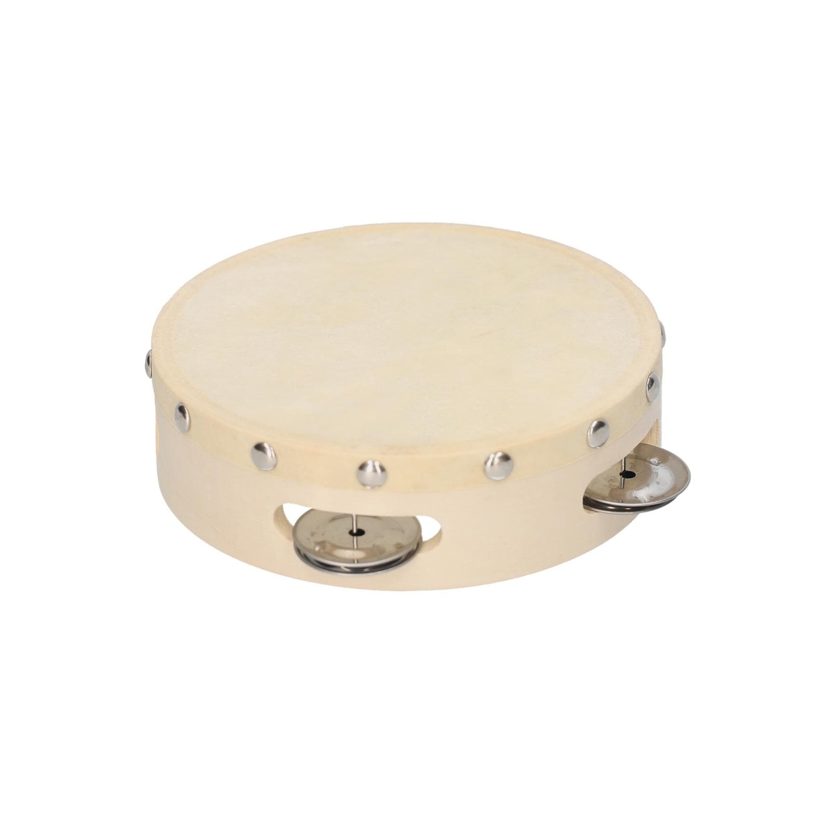 Hand Tambourine with Metal Single Row Jingles Sheepskin Drum Skin Wooden Tambourines 6 inch beige