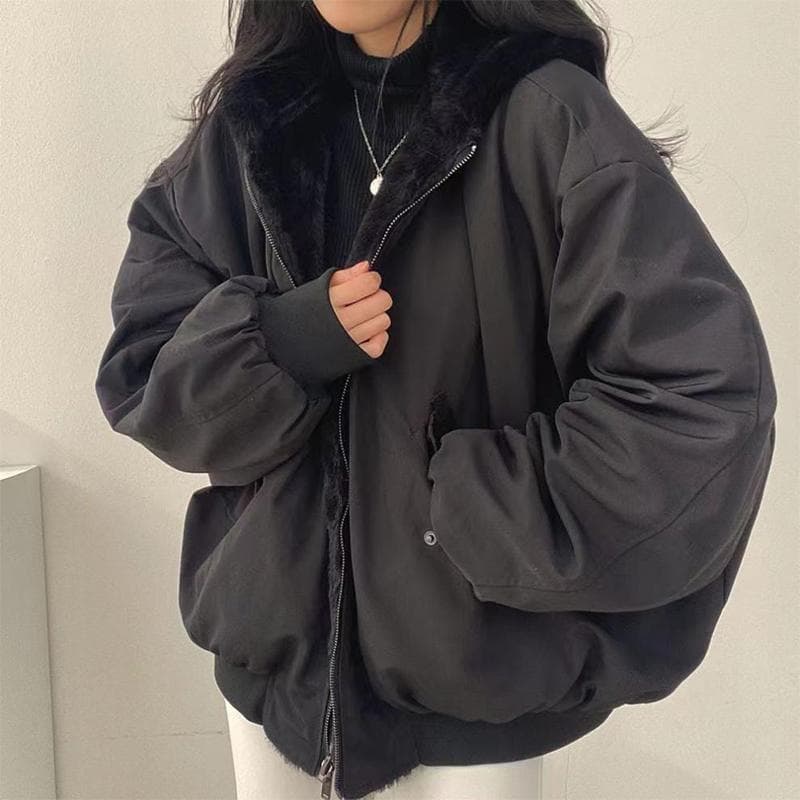 Thickened Two-sided Wear Lamb Wool Cotton Jacket Women's Coat Loose Hooded Tops L black