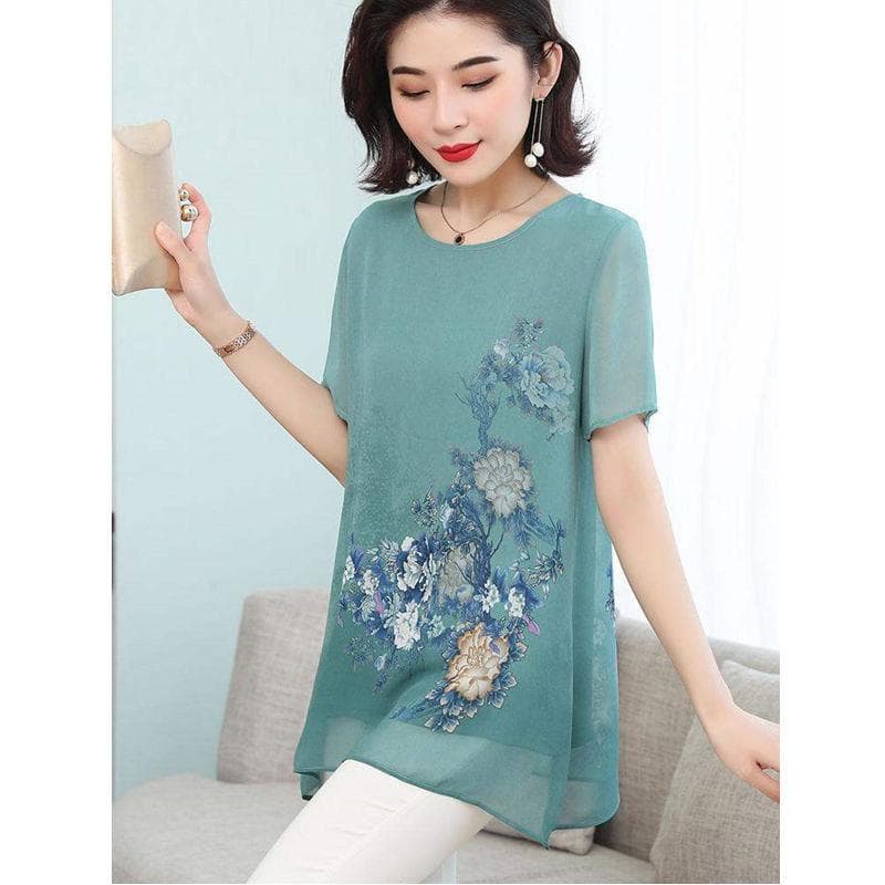 Women's Summer Printed Chiffon Shirt Short Sleeved Women's Summer Clothes Women's Mid-length Top 4XL green