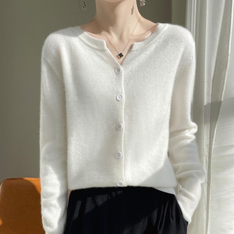 2024 V-Neck Cashmere Cardigan: Women's Versatile Long Sleeve Sweater for Spring, Autumn & Winter L white