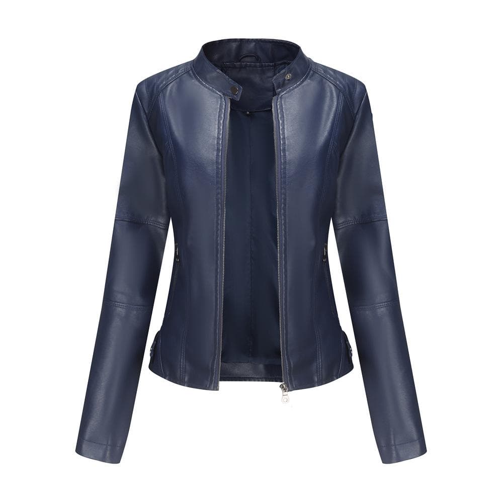 Women's Leather Jacket Women's Slim Jacket Thin Spring and Autumn Jacket Women's Motorcycle Jacket Large Size Stand Collar Leather Jacket L