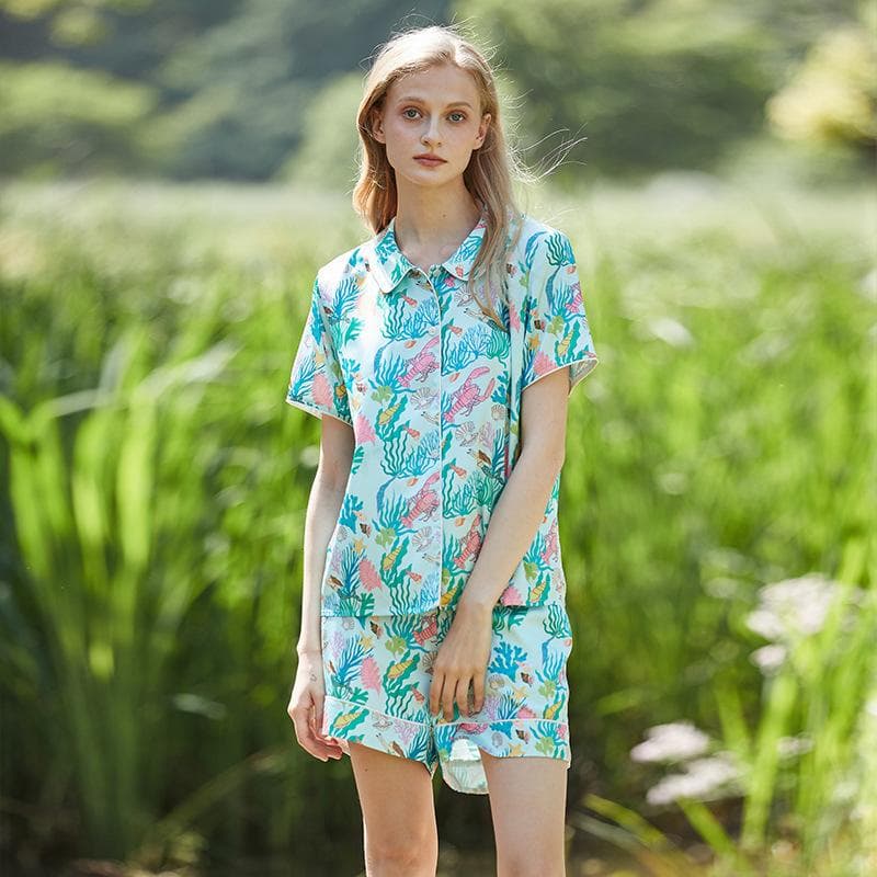 Summer Short-sleeved Pajamas for Women, Ice Silk Thin Loose Large Size Home Wear Two-piece Set L