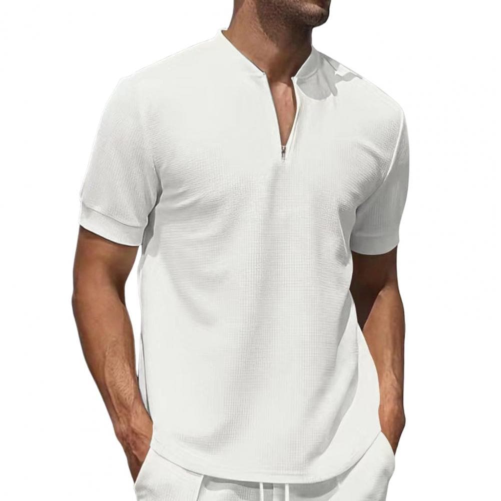 Men Stand Collar Shirt Short Sleeve Solid Color Pullover Top with Zipper Breathable Fitness Tee for Sports Travel Office Daily W L white