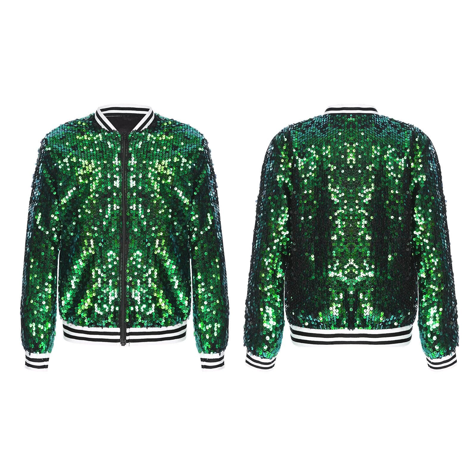 Kids Girls Sequin Bomber Jackets Zip up Shiny Long Sleeve Flight Jacket Coat Outwear Hip Hop Outfits 7-8 Years green