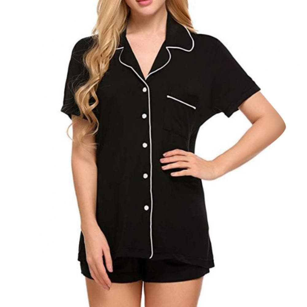 Women Stripe Dot Short Sleeve Button Blouse Shirt Shorts Set Sleepwear Nightwear XL black