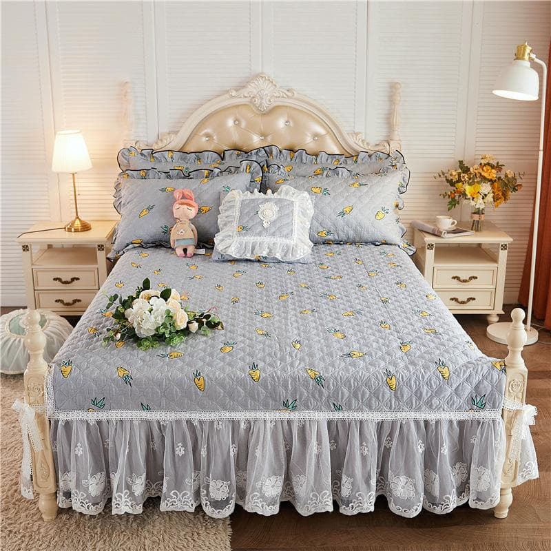 Good Quality 100% Cotton Quilted Bed Skirt King Queen Size Cute Floral Printed Romantic Lace Bedspread Not Including Pillowcase Only 2pcs Pillowcase