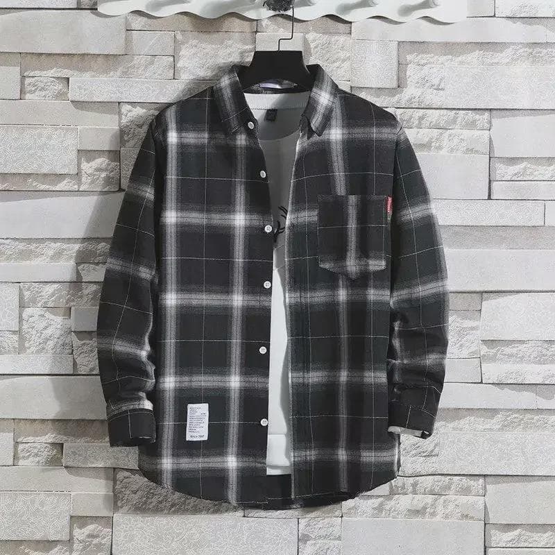 Plaid Men's Long-Sleeve Shirt - Trendy Korean Hong Kong Style M