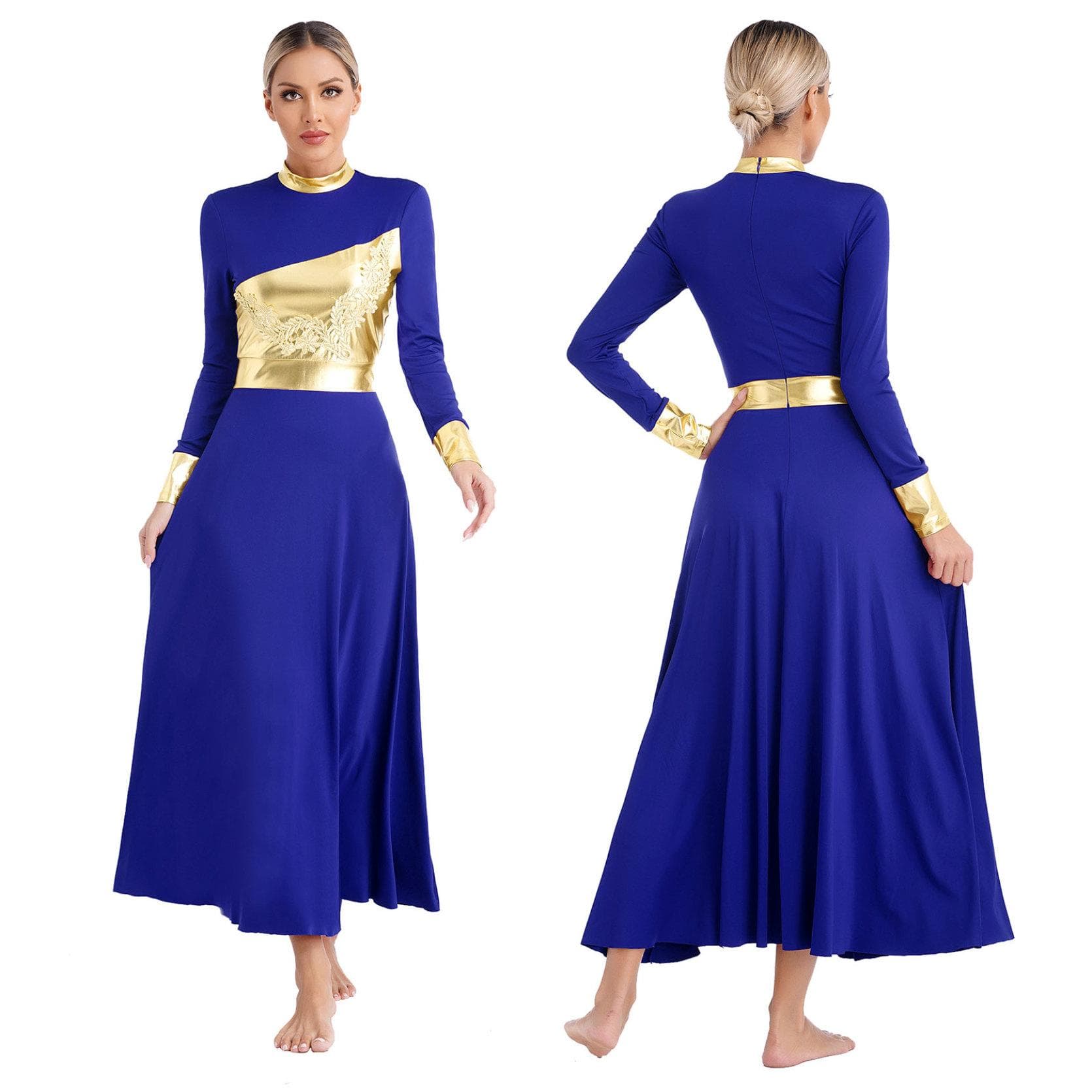 Womens Liturgical Worship Praise Lyrical Dance Dress Metallic Shiny Color Block Long Sleeve Applique Gown Church Choir Dancewear XXL blue