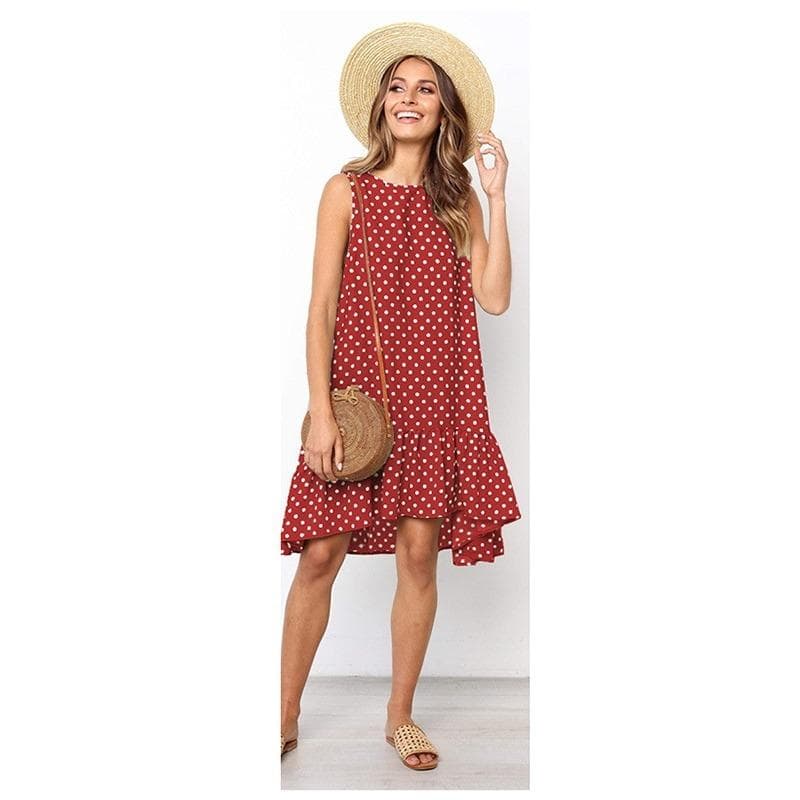 IHUASU Round Neck Sleeveless Polka Dot Loose Skirt Skirt M burgundy