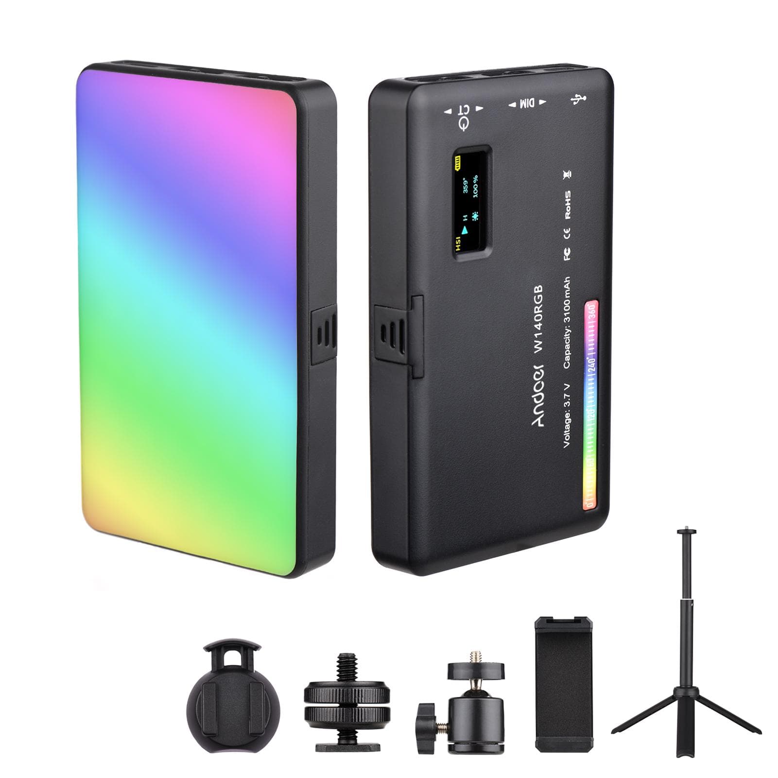 Andoer W140 RGB LED Video Light Kit Pocket Video Conference Lighting CRI95+ 2500K-9000K Dimmable 20 black