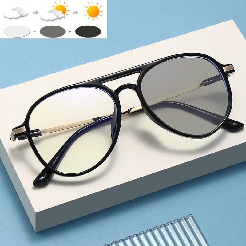Photochromic Sun Glasses Double Beam Myoscope High Definition Frog Frame Gray Glasses UV Protection -1.5