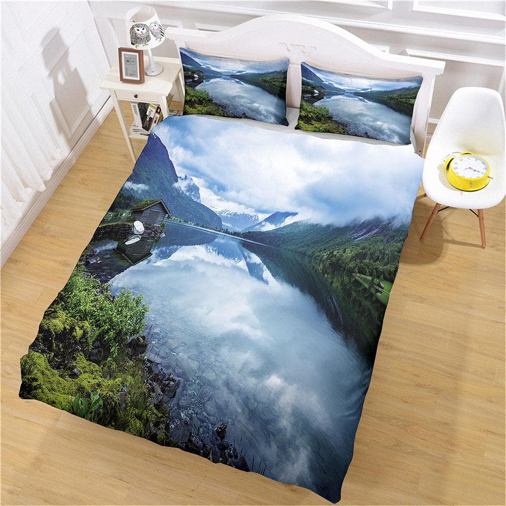 King Size Bedding Set 3D White Snowy Mountain Landscape Duvet Cover Comforter Bedclothes Children Kid Boy Bed Birthday Gift W90xL190cm