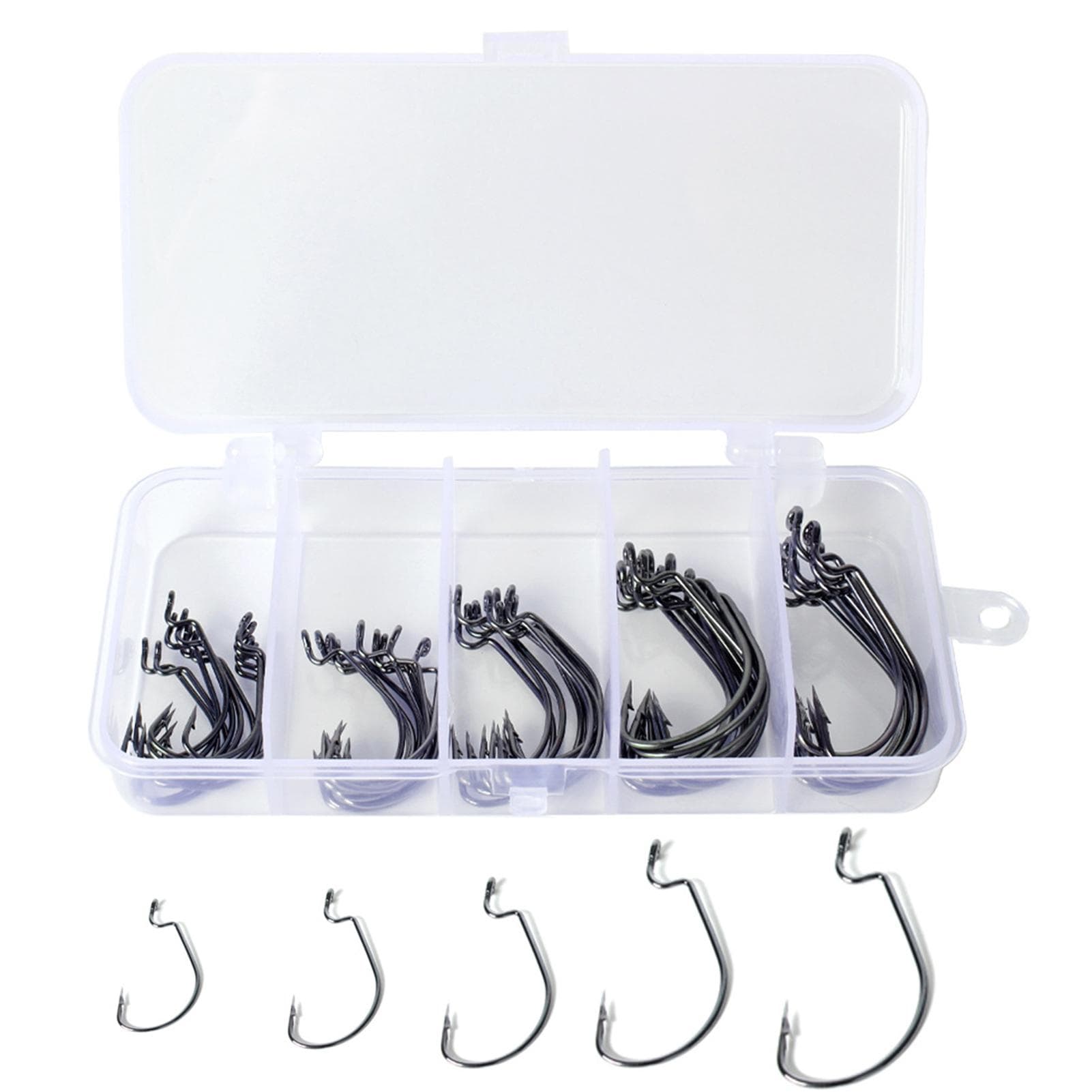 50pcs Fishing Hooks Offset Worm Hooks High Carbon Steel Fish Hooks with Plastic Box black